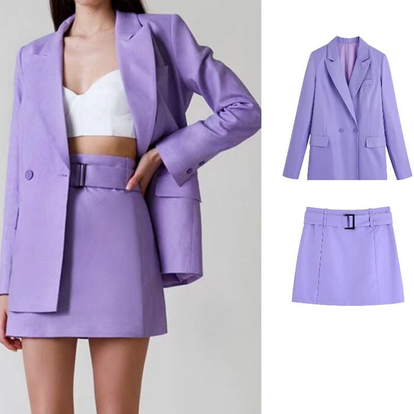 2023 ZA Women Light Purple Double Breasted Casual High Street Long Sleeve Jacket + Belt Decoration Slim Mini Skirts0