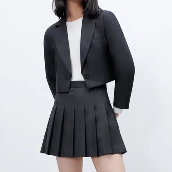 2023 ZA Spring and Autumn Women's Jacket Korean Style Slim Short V-neck Blazer Long Sleeve Short Black High Waist A-Line Pleated