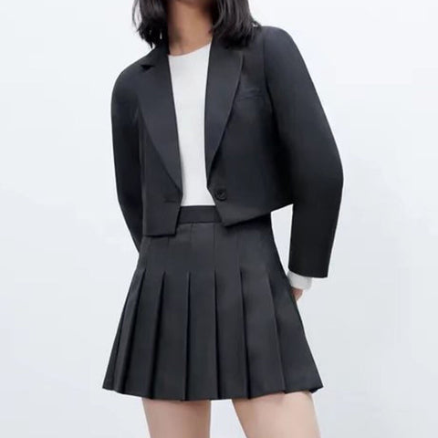 2023 ZA Spring and Autumn Women's Jacket Korean Style Slim Short V-neck Blazer Long Sleeve Short Black High Waist A-Line Pleated