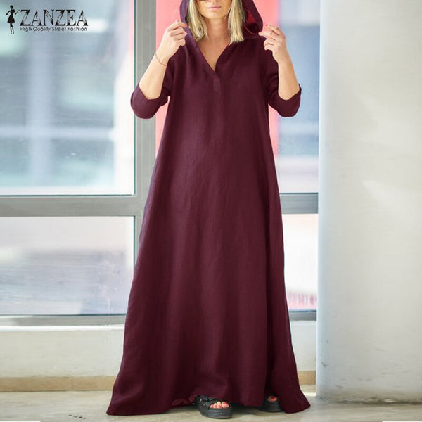 2023 ZANZEA Women Sundress  Hooded Maxi Dress Vintage Cotton Linen Dress Female Casual Vestidos Long Sleeve Robe