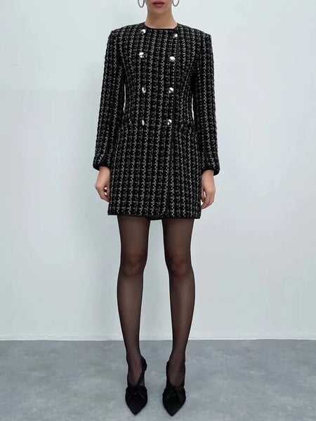 2023 autumn and winter retro self-cultivation wild round neck texture double-breasted blazer coat women's clothing