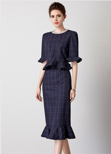 2023 autumn and winter women's clothing styles Flounce Stitching Plaid Suit 0920