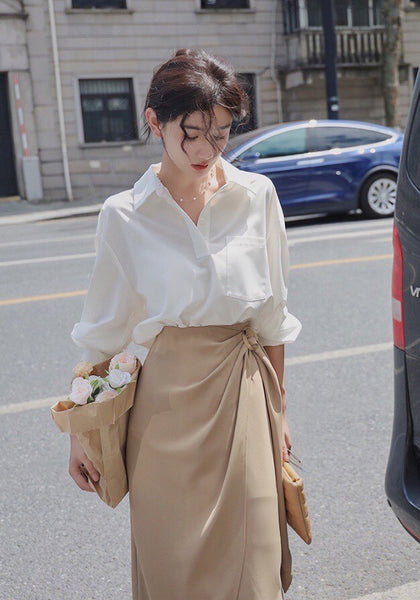 2023 autumn and winter women's clothing styles Lapel Shirt with Knot Skirt Suit 0920