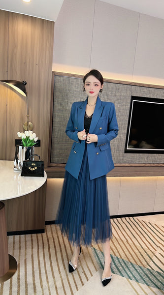 2023 autumn and winter women's clothing styles Lapel Suit JacketSlimming Pleated Mid-Length Dress Set 0907