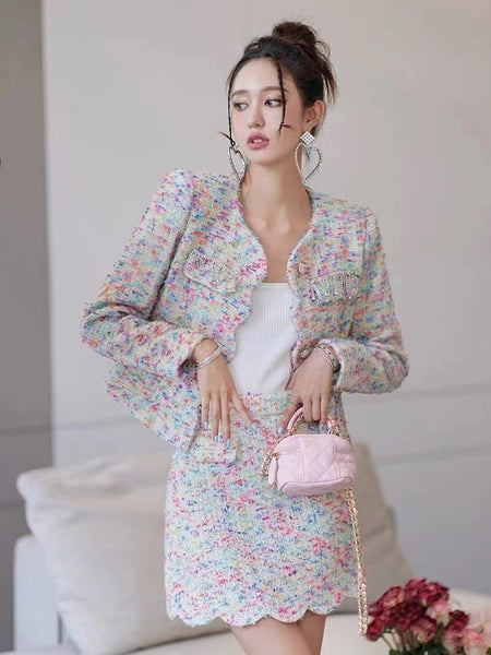 2023 autumn and winter women's clothing styles Round Neck Tweed Suit 1017