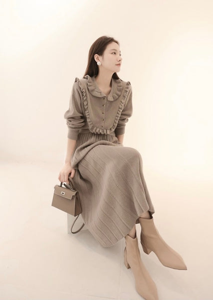 2023 autumn and winter women's clothing styles Tree Fungus-like Lacework Pleated Skirt Knitting Suit 1013