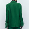 2023 autumn women's temperament retro green feathers back split straight suit all-match jacket