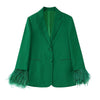2023 autumn women's temperament retro green feathers back split straight suit all-match jacket