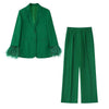 2023 autumn women's temperament retro green feathers back split straight suit all-match jacket