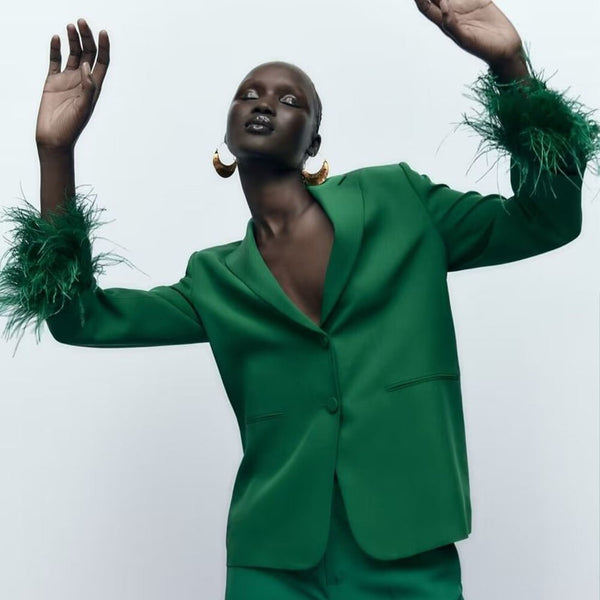 2023 autumn women's temperament retro green feathers back split straight suit all-match jacket