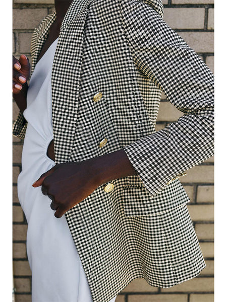 2023 autumn women's all-match lapel long-sleeved houndstooth double-breasted slim casual suit jacket