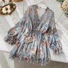 2023 women's French dress female temperament V-neck long-sleeved chiffon floral dresses