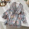 2023 women's French dress female temperament V-neck long-sleeved chiffon floral dresses
