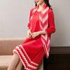 2022 spring women's color-blocking a-line dress Miyak fold loose large size French style with scarf party dress