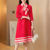 2022 spring women's color-blocking a-line dress Miyak fold loose large size French style with scarf party dress