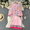 2023 women's spring lace stitching long-sleeved printed shirt + waist bag hip pleated fishtail skirt two-piece trendy suit