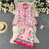 2023 women's spring lace stitching long-sleeved printed shirt + waist bag hip pleated fishtail skirt two-piece trendy suit