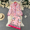 2023 women's spring lace stitching long-sleeved printed shirt + waist bag hip pleated fishtail skirt two-piece trendy suit