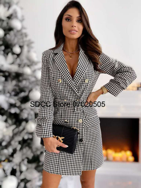 2023Spring Autumn Lady Lapel Long Windbreaker Plaid Stitching Belt Elegant Women Coat Commuter Casual Parka