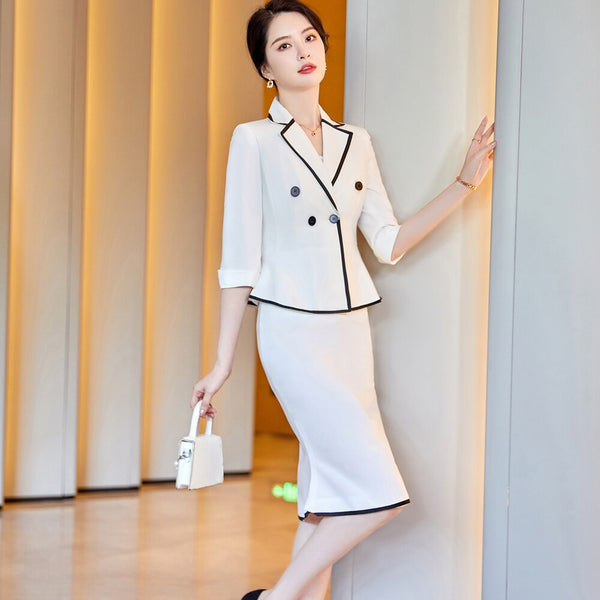2023SS Black White Elegant Business Skirt Suit Women Formal Blazer Half Sleeve Jacket Office Uniform Two Piece Set