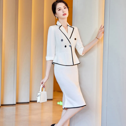 2023SS Black White Elegant Business Skirt Suit Women Formal Blazer Half Sleeve Jacket Office Uniform Two Piece Set