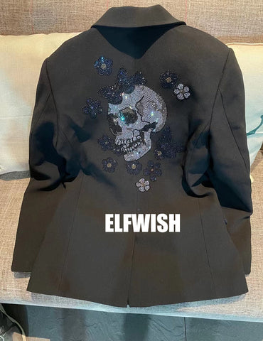 2023SS Woman Black Blazer Back Butterfly Skull Rhinestone Strass Flap Pockets Long Sleeves suits