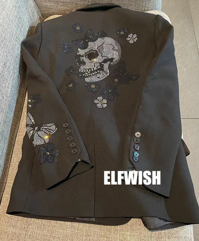 2022SS Woman Black Blazer Back Butterfly Skull Rhinestone Strass Flap Pockets Long Sleeves suits
