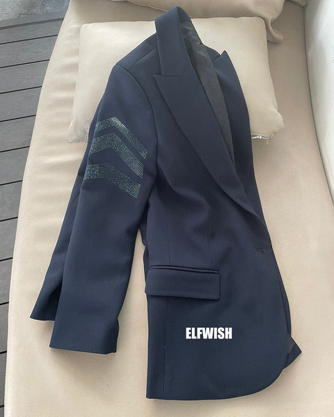 2023SS Woman Navy Blazer Long Sleeves With Arrow Strass Flap Pockets Suits One Button Casual Blazers
