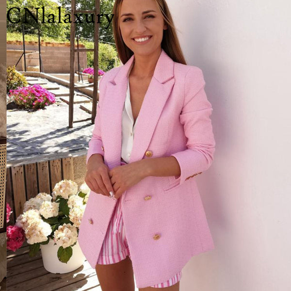 2023Spring Autumn Women Vintage White Pink Tweed Blazers And Jackets Chic Button Office Suit Coat Ladies Elegant Outwear