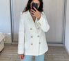 2023Spring Autumn Women Vintage White Pink Tweed Blazers And Jackets Chic Button Office Suit Coat Ladies Elegant Outwear