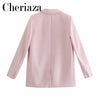 2023Spring Autumn Women's Blue Single-breasted Long Sleeves Blazer Lapel Chic Office Lady Solid Color Pocket Leisure Top