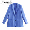 2023Spring Autumn Women's Blue Single-breasted Long Sleeves Blazer Lapel Chic Office Lady Solid Color Pocket Leisure Top