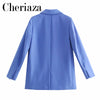 2023Spring Autumn Women's Blue Single-breasted Long Sleeves Blazer Lapel Chic Office Lady Solid Color Pocket Leisure Top
