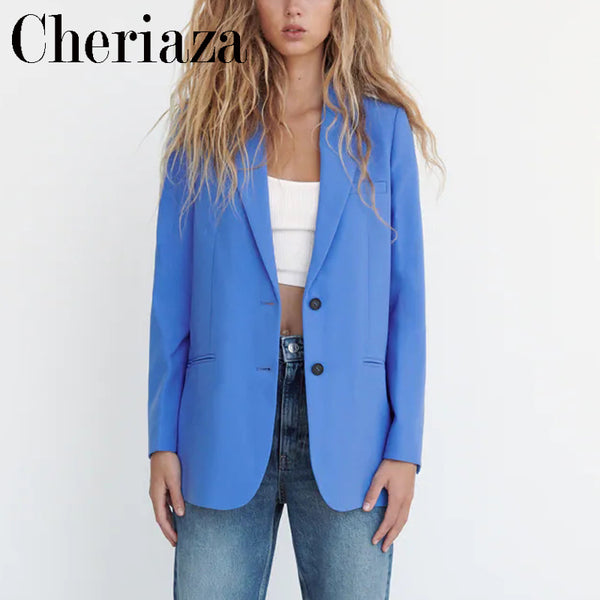 2023Spring Autumn Women's Blue Single-breasted Long Sleeves Blazer Lapel Chic Office Lady Solid Color Pocket Leisure Top