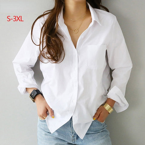 2022Spring Loose Lapel Shirt Women White Blouse Single-breasted Solid Color Base Long-sleeved Blouse Turn-down Collar Style Tops
