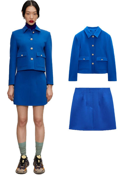 2023Spring Women's Versatile Klein Blue Lapel Long Sleeve Faux Jewelry Button Blazer and High Waist Mini Skirt