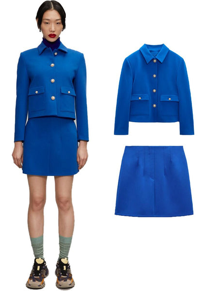 2023Spring Women's Versatile Klein Blue Lapel Long Sleeve Faux Jewelry Button Blazer and High Waist Mini Skirt