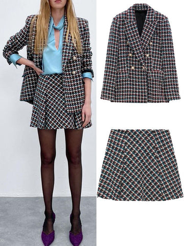 2023autumn and winter retro texture double-breasted suit casual jacket + temperament high waist design sense mini skirt