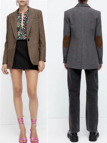 2023women's retro simple and versatile lapel long-sleeved loose straight slim elbow decoration plaid casual suit