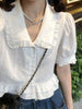 2023 Sweet Solid Kawaii Shirt  Preppy Style Ruffles Blouse Women Peter Pan Collar Korean Summer Short Sleeve Cropped Top