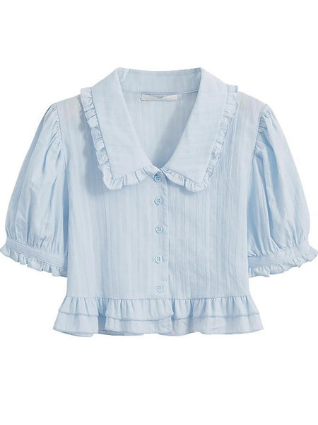 2023 Sweet Solid Kawaii Shirt  Preppy Style Ruffles Blouse Women Peter Pan Collar Korean Summer Short Sleeve Cropped Top