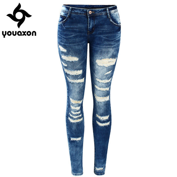 2045 Women`s Celebrity Style Fashion Blue Low Rise Skinny Distressed Washed Stretch Denim Jeans For Women Ripped Pants