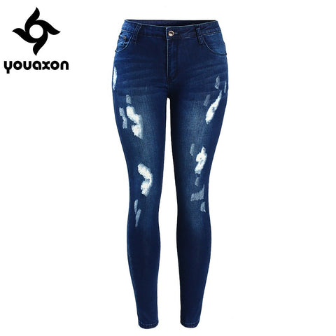 2053 Women`s Fashion Mid Waist Stretch Fading Blue Ripped Slim Denim Pants Jeans For Women