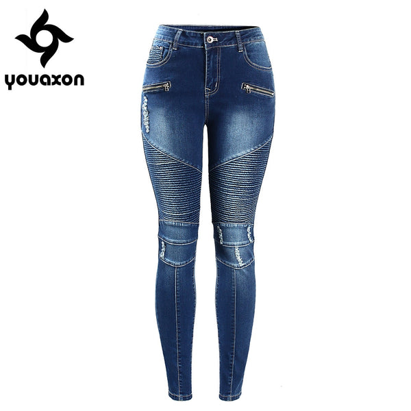 2077 Women`s Motorcycle Biker Zip Mid High Waist Stretch Denim Skinny Pants Motor Jeans For Women
