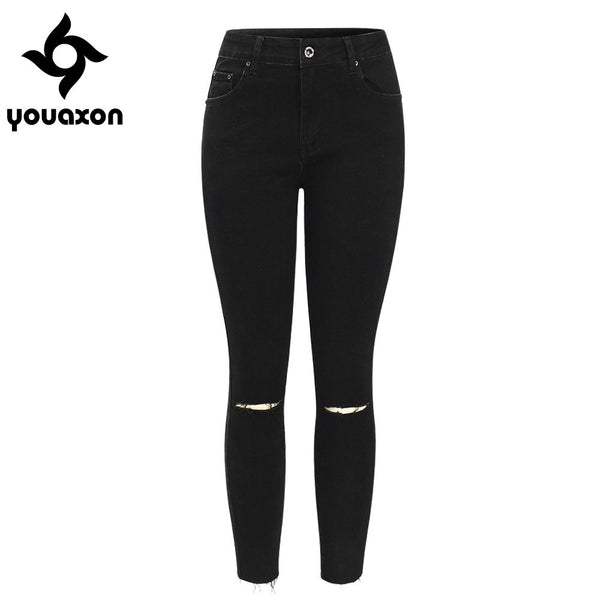 2104 Black Ripped Knees Cropped Jeans Women Mid Waist Stretchy Denim Pants Trousers For Woman Pencil Skinny Torn Jeans