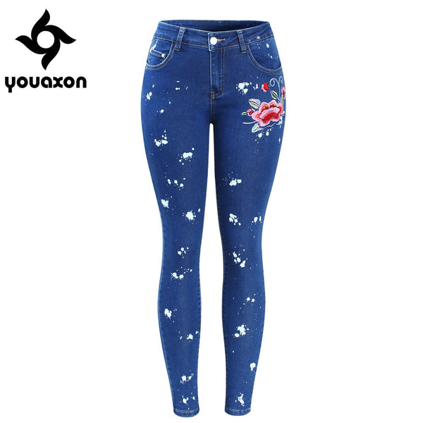 2108 Plus Size Floral Dirty Jeans With Embroidery Flower Women Stretchy Denim Pants Trousers For Woman Skinny Jeans