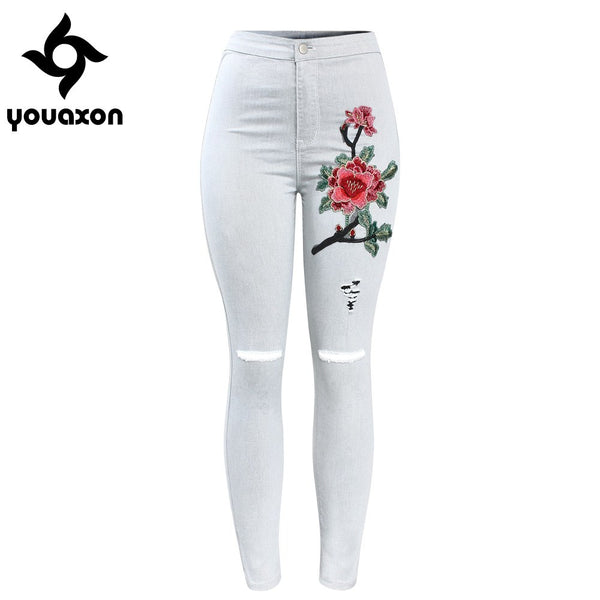 2112 High Waist Ripped Knees Floral Jeans With Embroidery Woman Stretchy Denim Pants Trousers For Women Skinny Jeans