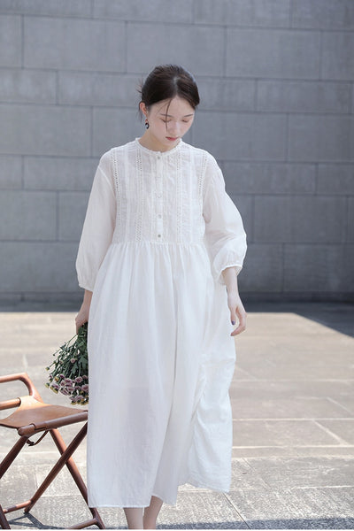 2121 autumn sweet fairy loose long sleeve lace stitched white Long Dress Gown 0902-5