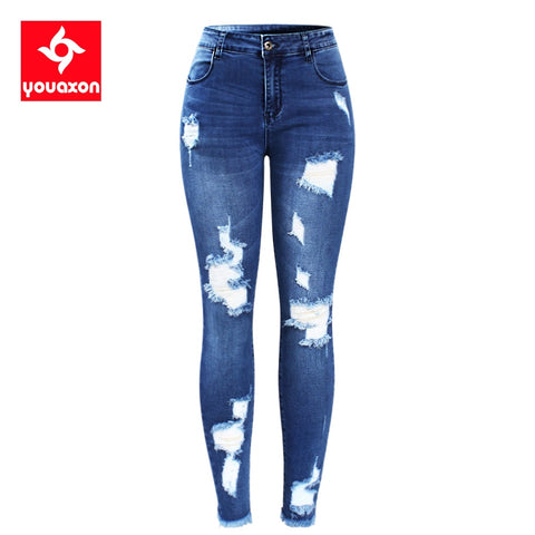 2127 Youaxon S-XXXXXL Ultra Stretchy Blue Tassel Ripped Jeans Woman Denim Pants Trousers For Women Pencil Skinny Jeans