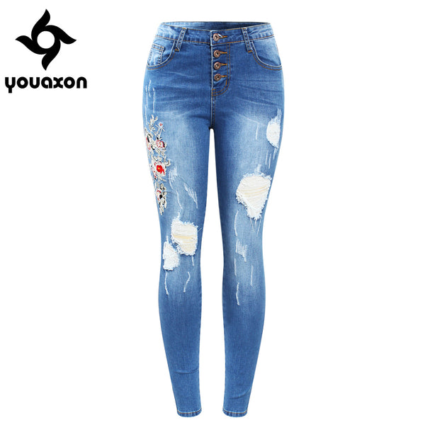 2133 New Button Fly Real Emboridery Ripped Jeans Woman Plus Size Stretchy Denim Skinny Pants Trousers For Women Jeans